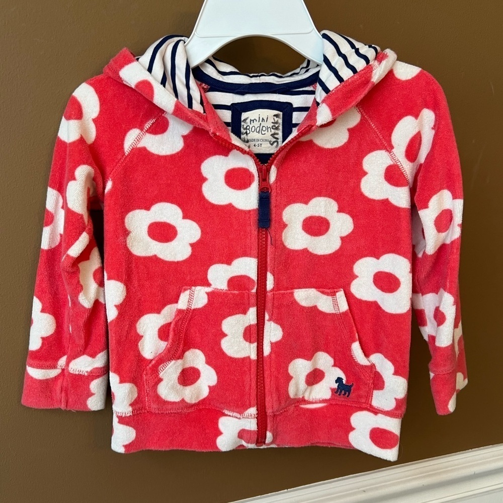 Mini Boden Girls Floral Pink/Red Full Zip Terrycloth Hoodie Size 4-5